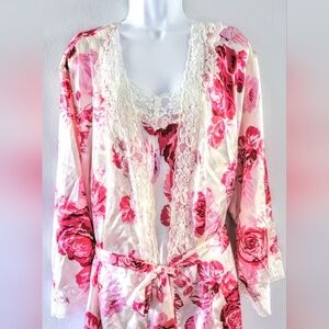 Amoureuse Satin Peignoir Set Long Lace Gown Robe Floral Lingerie Elegant Sexy 3X